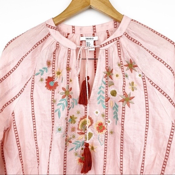 FOREVER 21 Floral Embroidered Tasseled Blouse S - Picture 5 of 7